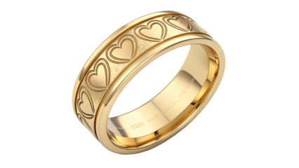 A closeup of a gold wedding ring with a heart pattern engraved on it, isolated on a transparent background