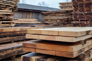 Stacked timber planks and wood boards at a lumberyard, ready for construction and carpentry. Wood industry supply
