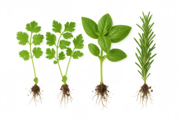 Fresh green herbs including parsley, basil, and rosemary, showing roots and soil on a transparent background