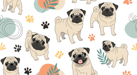 Cute pug puppies with playful paw prints and organic shapes on a white background.