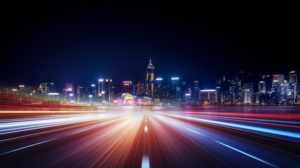 Streak-like colorful light trails create a dynamic, abstract composition, suggesting motion and vibrancy against a dark background with swirling patterns.