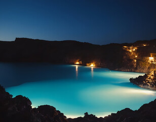 Beautiful blue lagoon in the evening. Generated by artificial intelligence. Night view of Lake Garda in Italy.