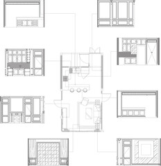 Interior design drawing of living room and pantry with sink, hanging cabinet, furniture layout plan and elevation