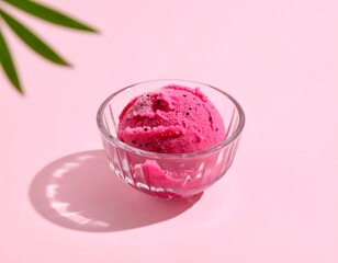 Vibrant Pink Dragon Fruit Sorbet Delight in a Crystal Bowl with Tropical Leaf Shadow