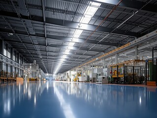 Modern industrial factory floor reflecting overhead lighting. Clean production facility with machinery ready for manufacturing