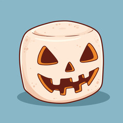 A large, spooky marshmallow illustrated with a carved jack-o'-lantern face against a blue background.