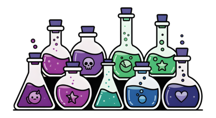 Whimsical Cartoon Science Lab Beakers & Potions - Education, Chemistry, Experiment, Magical Elixirs, Fun Graphic