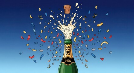 A champagne bottle celebrates the arrival of the year 2026 with confetti