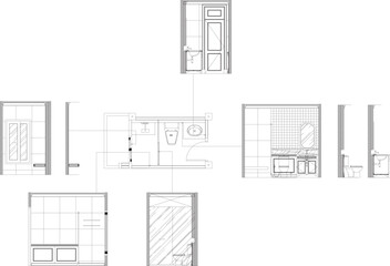 Bathroom interior design drawing with wash basin, toilet, shower area with seating, wet and dry zone separation, furniture layout plan, elevation, and section