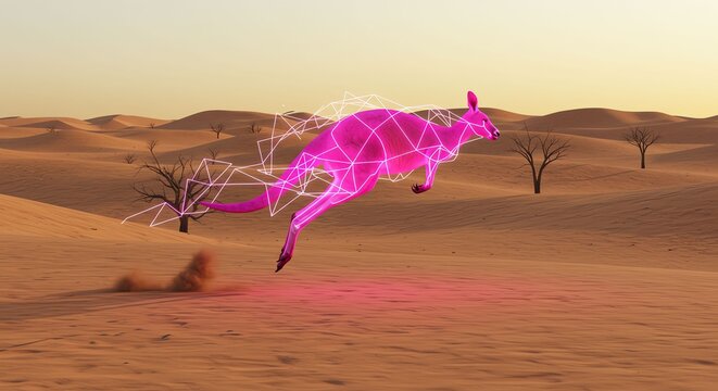 Futuristic Neon Pink Kangaroo Leaping in Desert Landscape with Digital Wireframe Effect