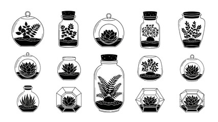 Terrarium Plant Silhouette Icon Set – Vector Illustrations of Small Plants in Jars, Glass Containers, and Decorative Indoor Terrariums for Modern Plant Decor