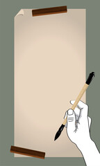 A hand that holding a Chinese calligraphy brush. Ready to write something on a paper. Vector.