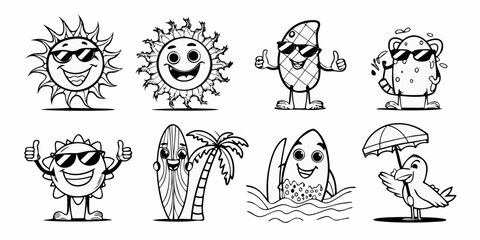 Collection of eight cheerful cartoon characters enjoying summer vacation with sunglasses and beach themes