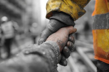 Hand holding symbolizes safety first in construction site teamwork and collaboration, emphasizing the importance of protective measures during work hours