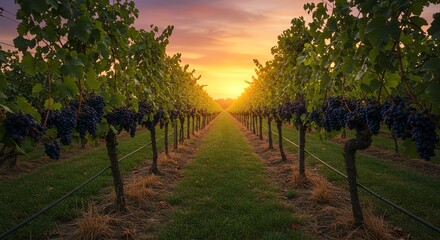 Naklejka premium Vineyard Rows with Grapevines During Sunset in Rural Agricultural Setting