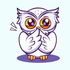 A shy and blushing white owl covering its beak with wings, creating a sweet and bashful expression. Cute Character Mascot Illustration.
