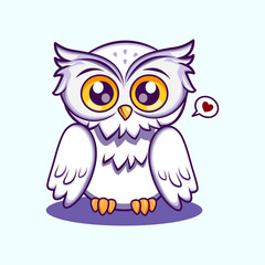 Lovely white owl smiling with a small heart, symbolizing love, happiness, and affection. Cute Character Mascot Illustration