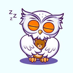 Cute owl peacefully sleeping while hugging a teddy bear. Perfect for rest and bedtime concepts. Cute Character Mascot Illustration