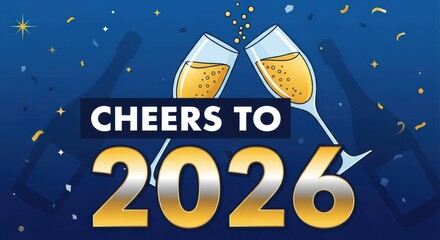 Cheers to 2026 new year celebration with champagne glasses and confetti