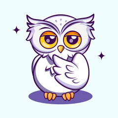 Curious owl thinking deeply while holding its chin. Perfect for idea, creativity, or pondering themes. Cute Character Mascot Illustration