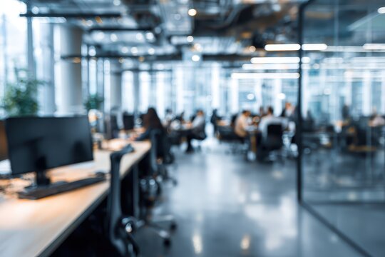 Modern office setting showcasing technology and collaborative work environment with employees engaging in activities during a busy workday