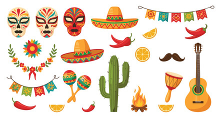 Collection of vibrant festive elements for a traditional Mexican celebration and holiday.