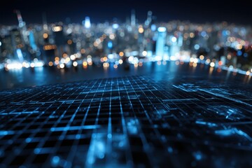 Cyber digital grid interface extending over a dark, blurred city skyline, symbolizing urban technology and global networks