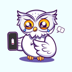 Cute owl holding a smartphone, representing digital communication or social media concepts. Cute Character Mascot Illustration