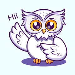 A cheerful white owl waving hello with a bright smile. Ideal for greetings, communication, and welcoming concepts. Cute Character Mascot Illustration
