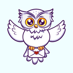 Cute white owl gracefully flying with wide open wings, representing freedom and lightness. Cute Character Mascot Illustration