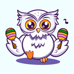 A joyful white owl dancing with colorful maracas. Perfect for music, rhythm, and celebration designs. Cute Character Mascot Illustration
