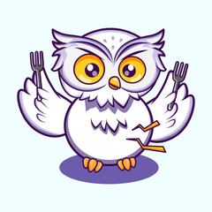 Adorable white owl raising its wings in excitement and happiness. Ideal for positive emotions, celebration, or success concepts. Cute Character Mascot Illustration