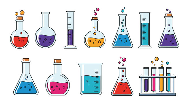 An assortment of colorful laboratory flasks and beakers filled with various liquids undergoing chemical reactions.