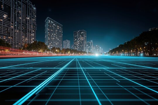 Futuristic smart cityscape at night with glowing blue digital grid lines on the road, representing technology and network connectivity