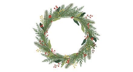 A beautiful wreath made of evergreen branches with red berries and small yellow flowers adorns the white background.