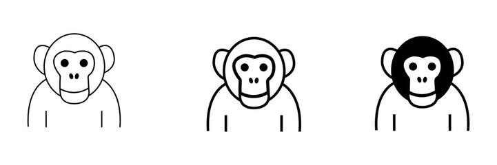 Set of minimalist chimpanzee icons with transparent background, showcasing outline and glyph styles, modern UI, UX and web applications, vector illustration 