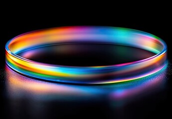 Rainbow iridescent ring on black, shiny surface