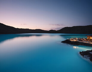 Beautiful blue lagoon in the evening. Generated by artificial intelligence. Sunrise over the lake.