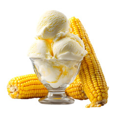 Gourmet sweet corn ice cream in a cup with fresh corn cobs. Unique creamy yellow gelato, a delicious frozen dessert isolated on black background.