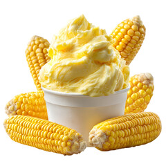 Gourmet sweet corn ice cream in a cup with fresh corn cobs. Unique creamy yellow gelato, a delicious frozen dessert isolated on black background.