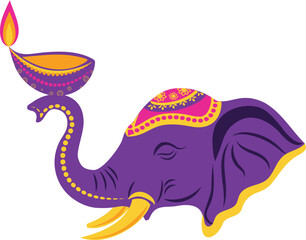 Illustration of Decorative Diwali Elephant Holding Festive Diya For Deepawali Celebration Background