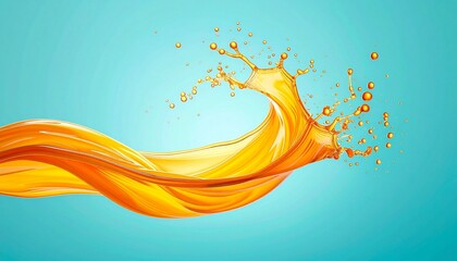 A dynamic wave of flowing golden liquid splashing with droplets. An abstract illustration of fresh orange juice or honey against a vibrant blue background