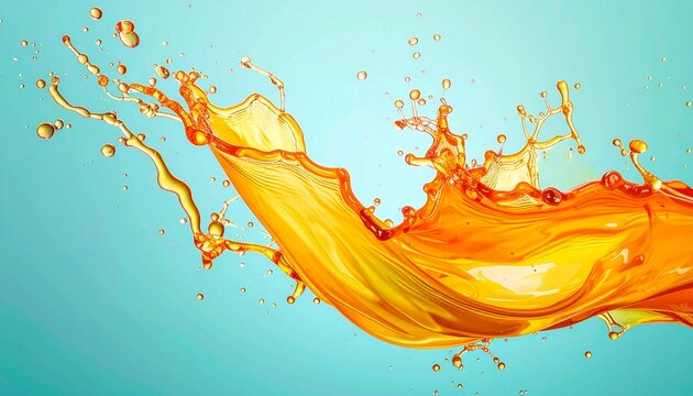 Dynamic splash of vibrant orange liquid captured mid-air against a soft teal background, showcasing fluid motion - Powered by Adobe