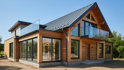 Contemporary Wooden Home with Glass Balcony and Large Windows