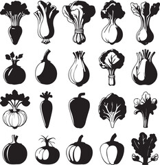 Collection of fresh vegetable icons in black and white style