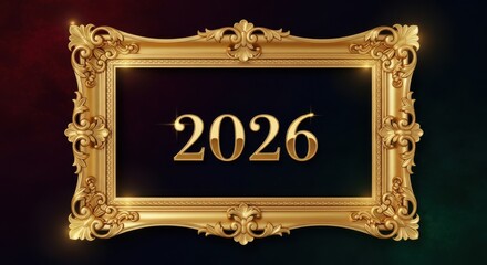 Golden frame with the year 2026 in gold letters, vintage and elegant