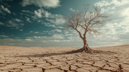 Large tree survives alone in a desolate arid landscape beneath the blazing sky.