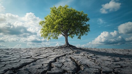 Tall lonely tree standing firm in the vast expanse of arid ground.