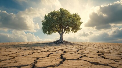 Tall lonely tree standing firm in the vast expanse of arid ground.