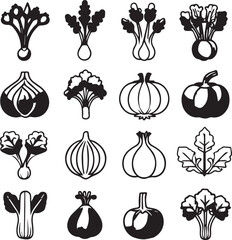 Collection of fresh vegetable icons in black and white style